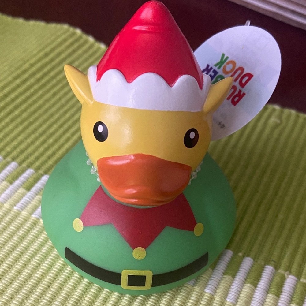 Festive Rubber Duck Elf Toy - Green and Red